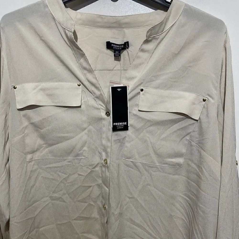 Premise‎ Studio Women's Cream Button Front Long Sleeve Shirt Size OX (NWT)